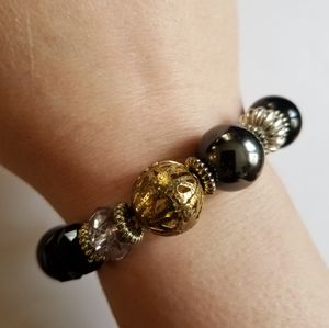 Bead bracelet black clear gold silver Chunky stretchy